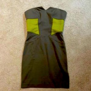 BCBG strapless, dress, gray and neon